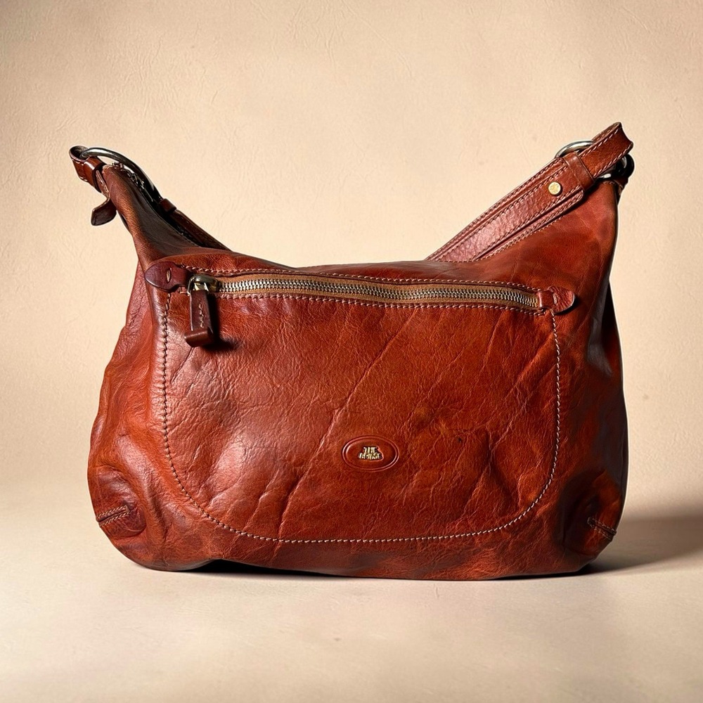 The Bridge Brown Leather Crescent Hobo Shoulder Bag Zip Top Front Pocket 0236